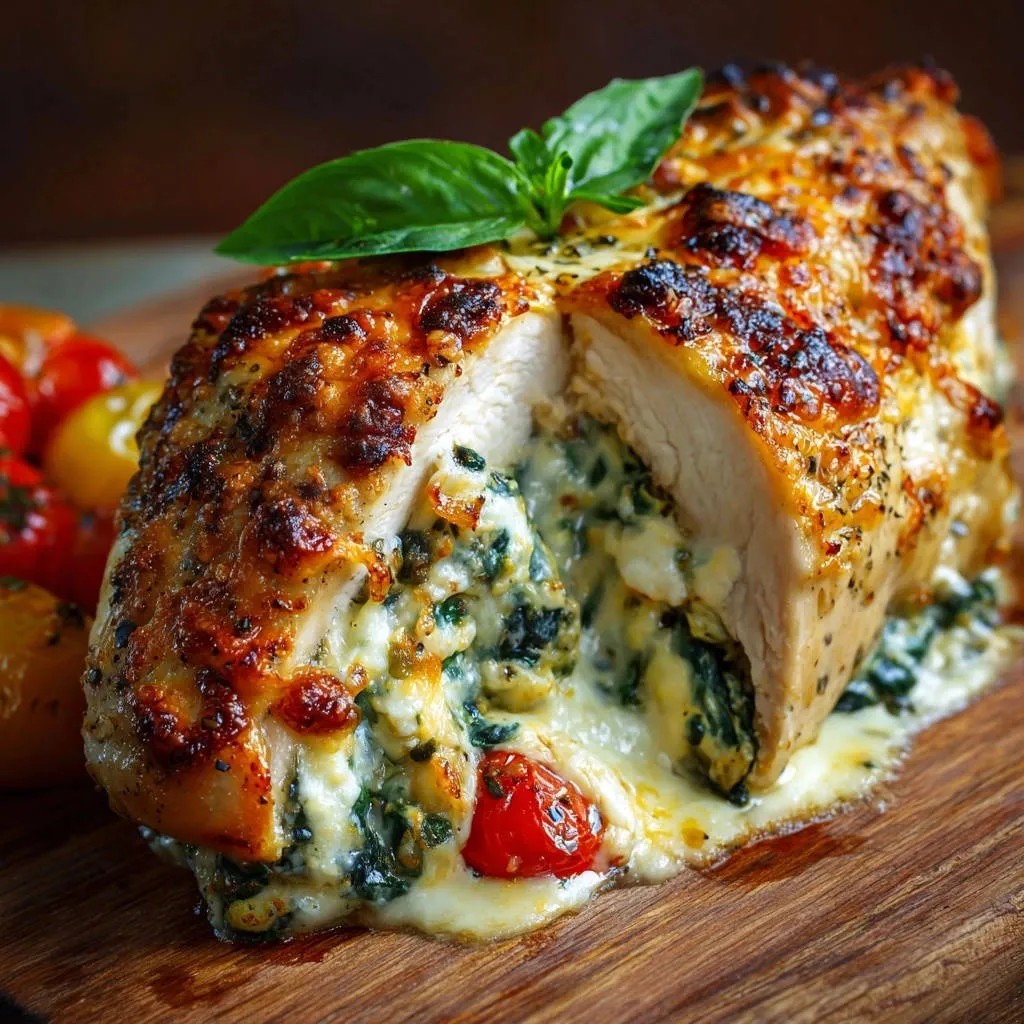 Cheesy spinach stuffed chicken breast shown in a close-up cross-section, revealing the gooey filling and baked cheese topping.