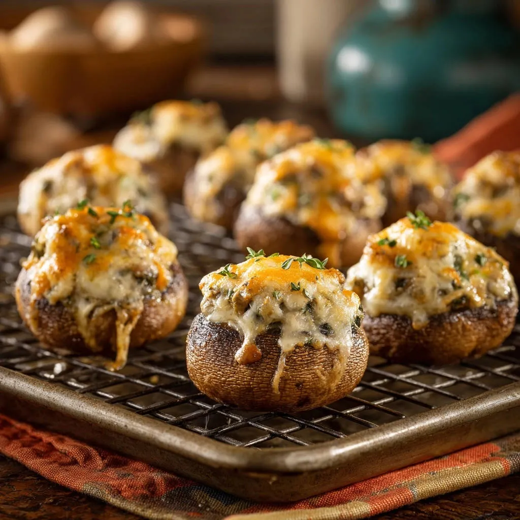 Cheesy stuffed mushrooms cooling on a metal rack, with golden cheese topping and fresh herbs.