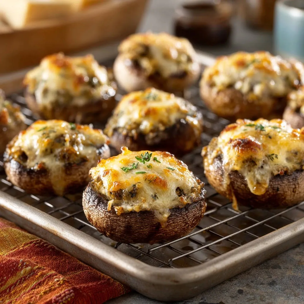 Cheesy stuffed mushrooms cooling on a metal rack, topped with melted golden cheese and fresh herbs.