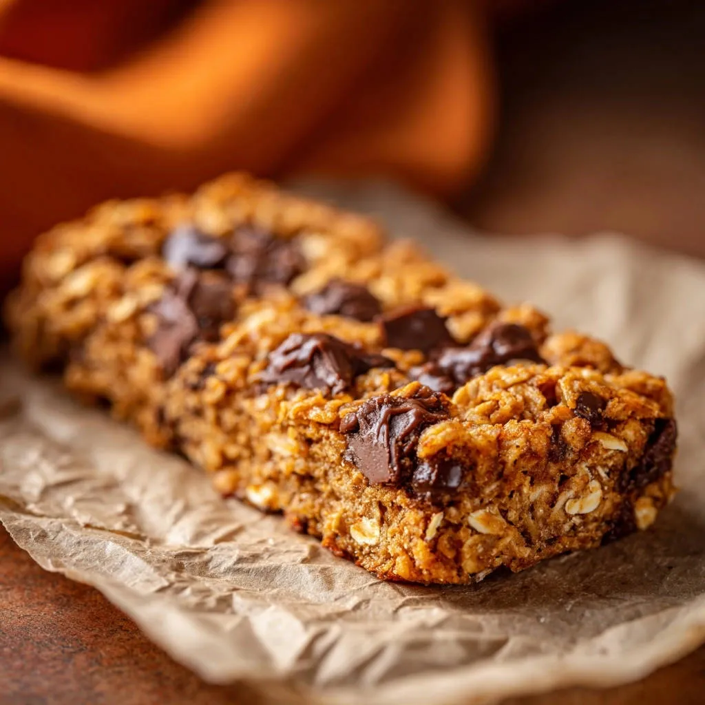 Chewy chocolate chip granola bar with visible chocolate chunks and oats, close-up detail on crumpled parchment paper.