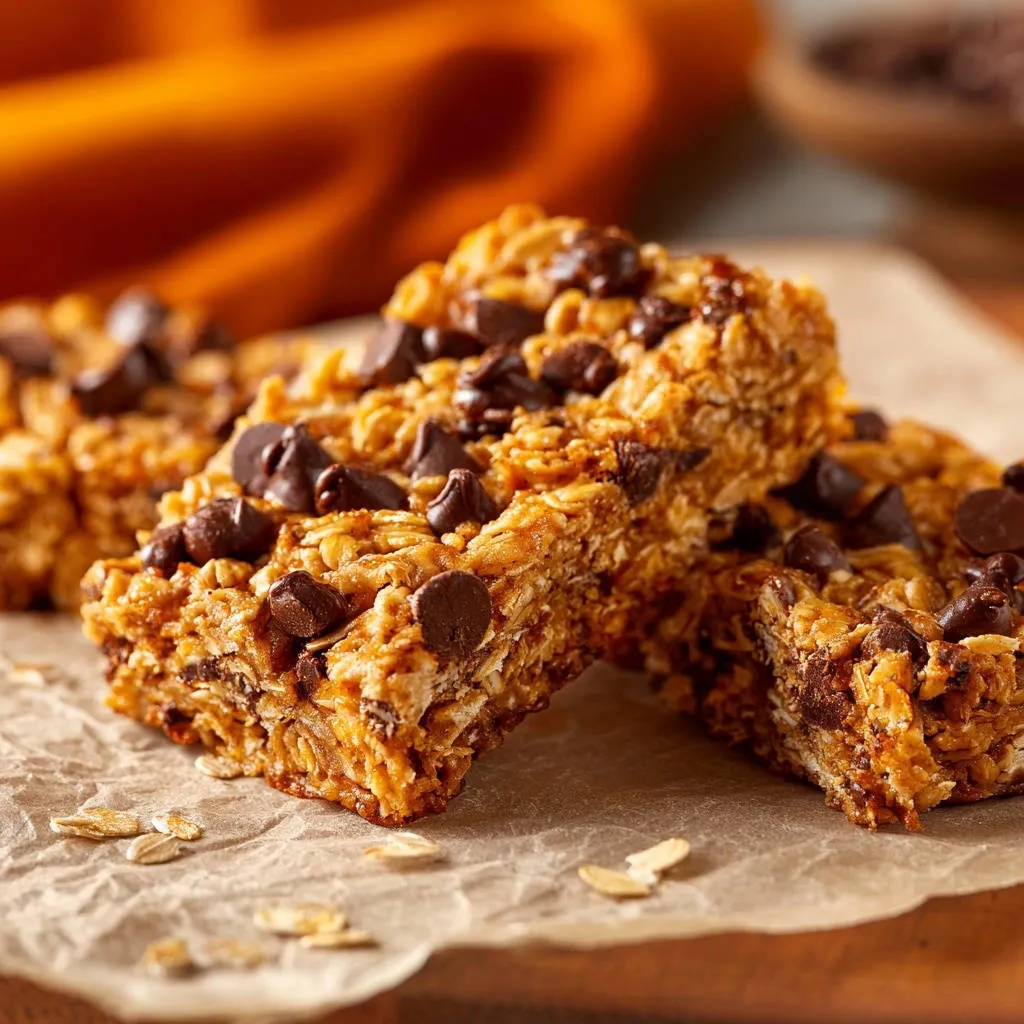 Chewy chocolate chip granola bars close-up showing the hearty, oat-filled texture with melted chocolate chips.
