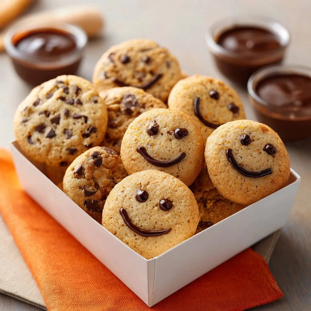 Chewy chocolate chip smiley cookies decorated with chocolate and arranged in a white box, a close-up view.