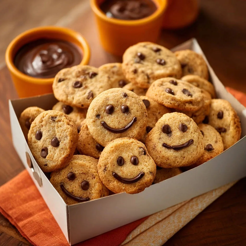 Chewy chocolate chip smiley cookies shown close-up in a white box with chocolate dipping cups in the background.