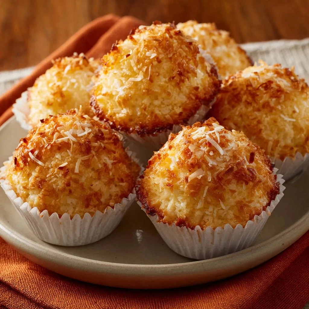 Chewy coconut macaroons piled high on a plate, showcasing their golden-brown toasted coconut topping.