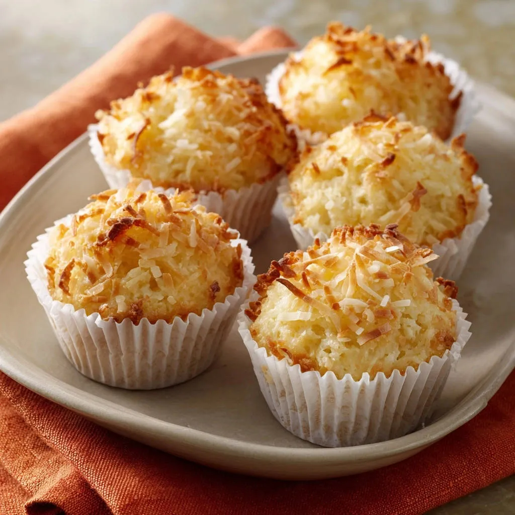 Chewy coconut macaroons shown in white liners on a grey plate, with an orange napkin.