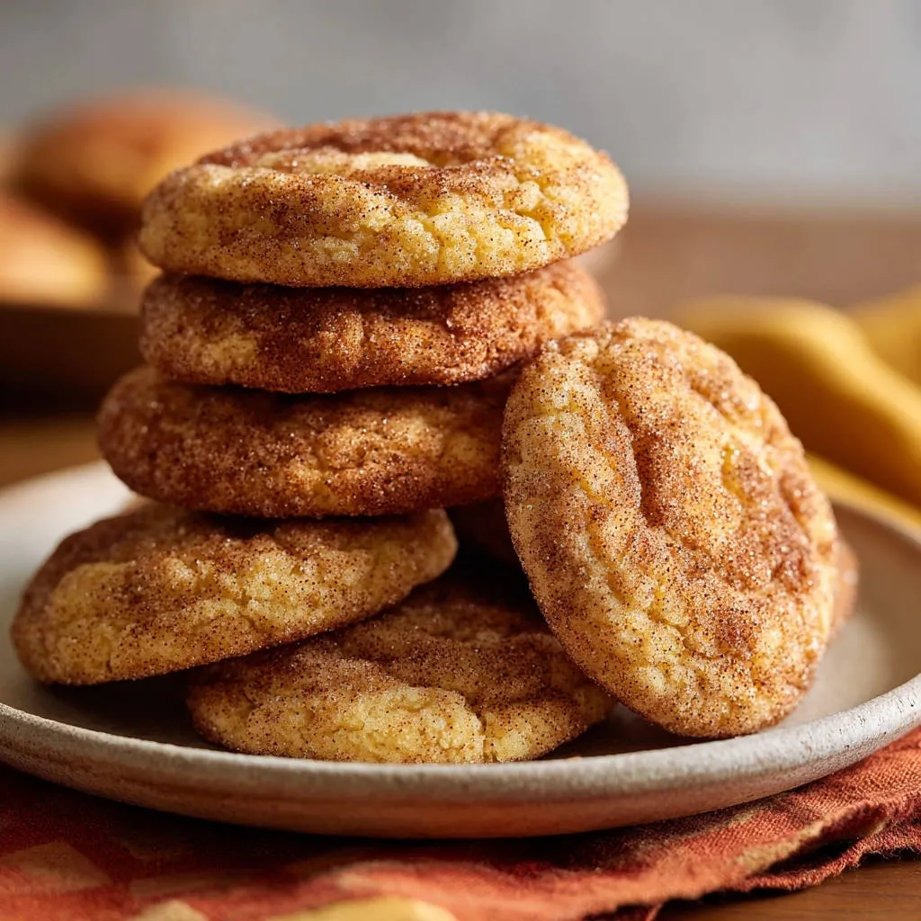 Chewy snickerdoodles are stacked high on a plate, dusted generously with cinnamon and sugar.