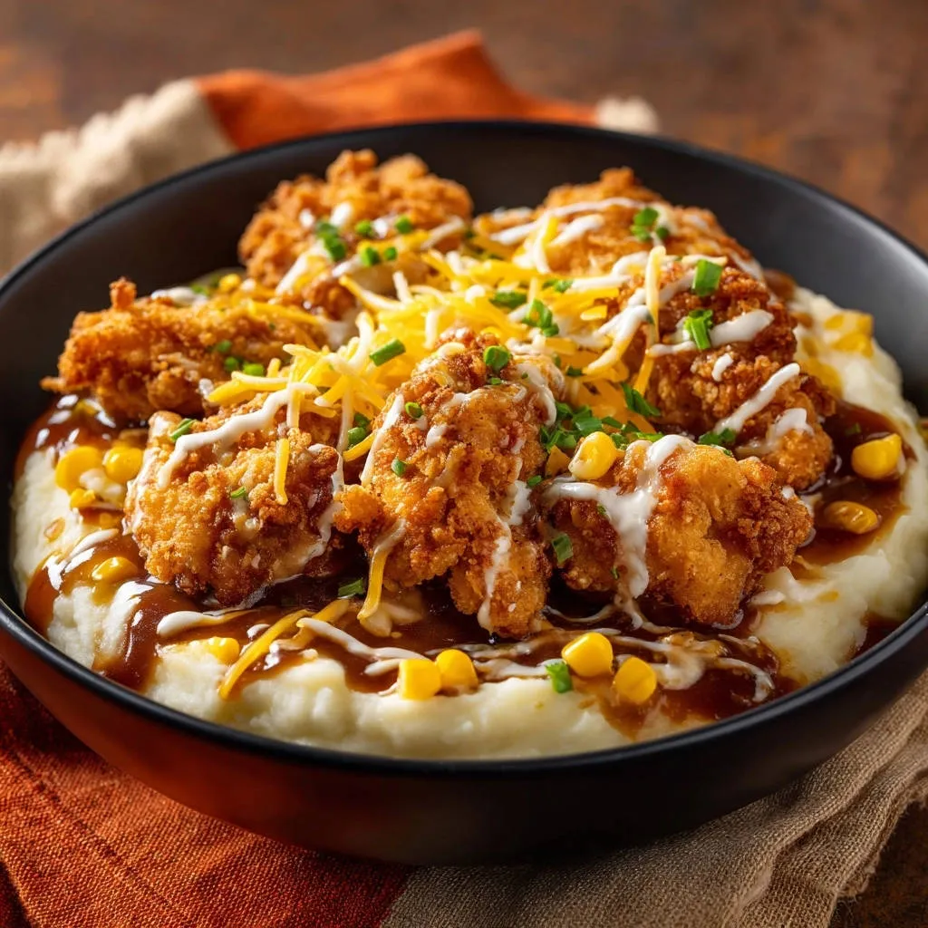Ultimate Chicken Comfort Bowl with fluffy potatoes, crispy bites, cheese, and gravy in a close-up bowl view.