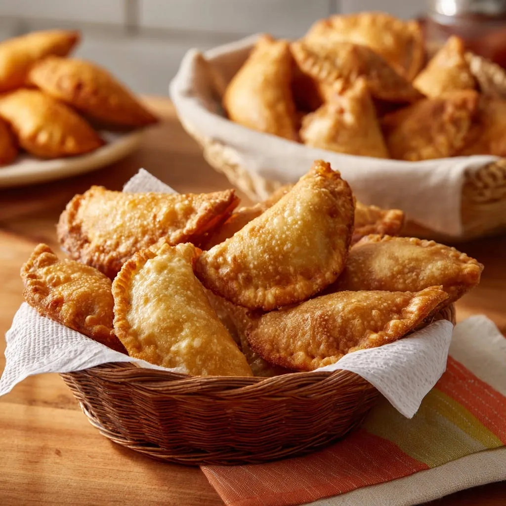 Crispy chicken empanadas in a woven basket with a paper liner, showcasing golden-brown pastry.