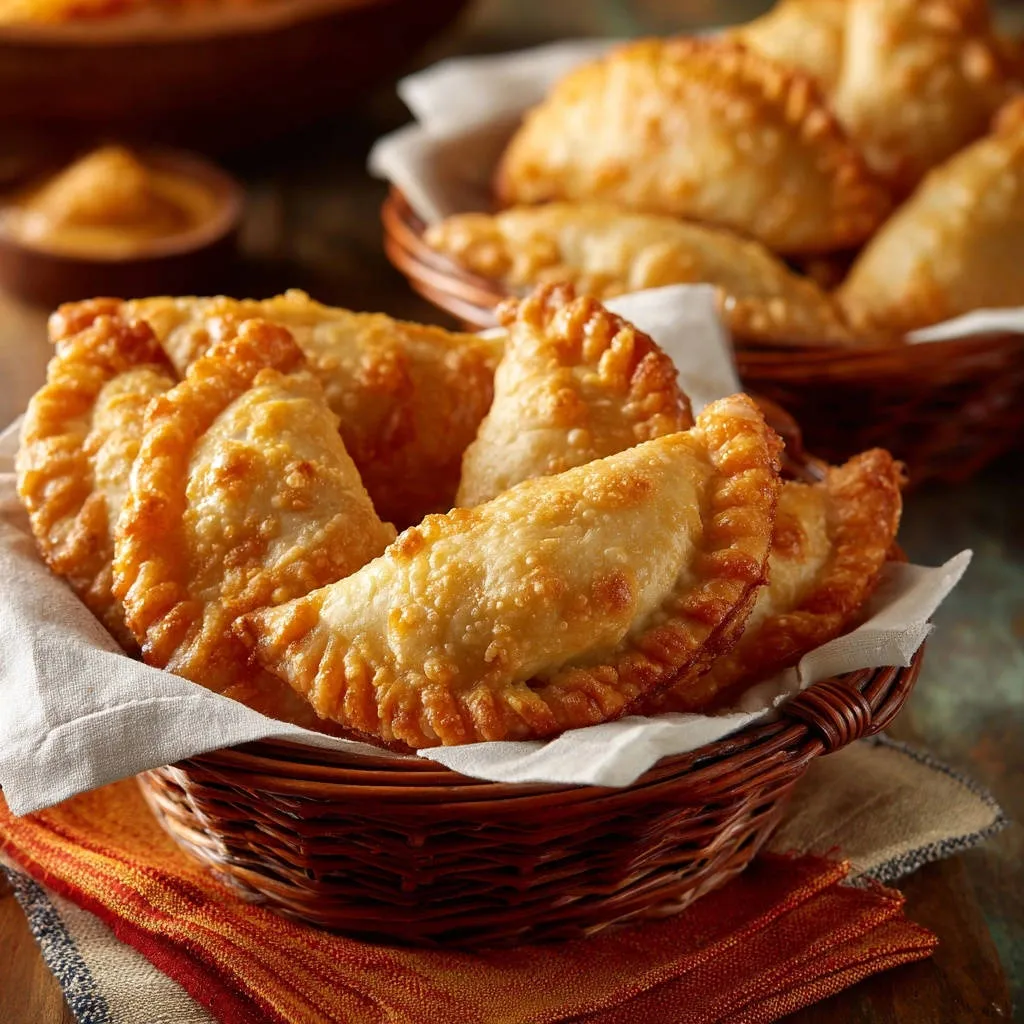 Crispy chicken empanadas presented in golden-brown wicker baskets, showcasing their crimped edges and fried texture.