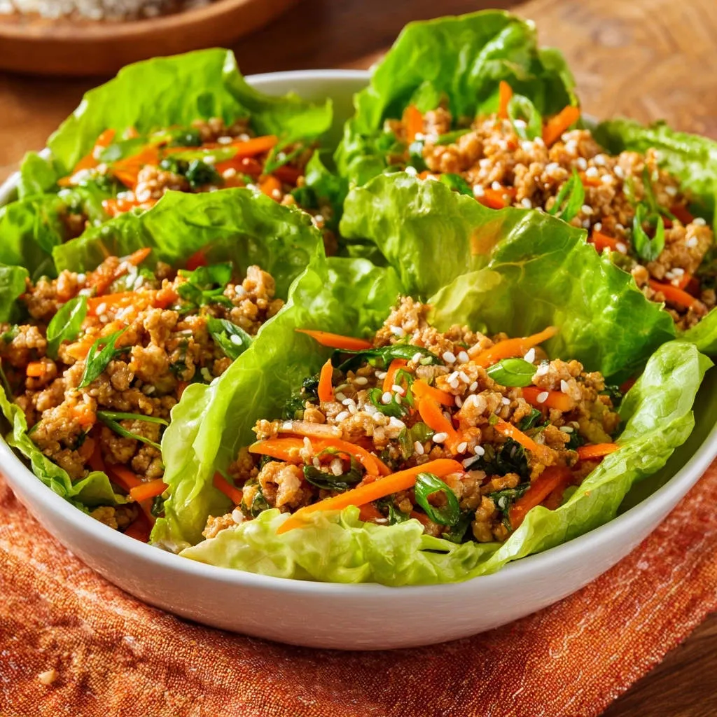 Chicken lettuce wraps close-up in a white bowl, showcasing the juicy filling and vibrant carrots.