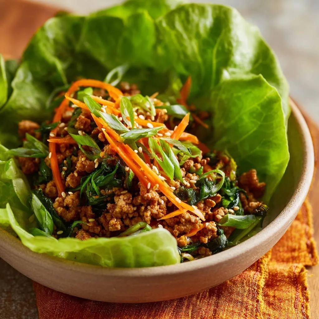 Savory chicken lettuce wraps shown in a close-up view, topped with julienned carrots, green onions, and sesame seeds.