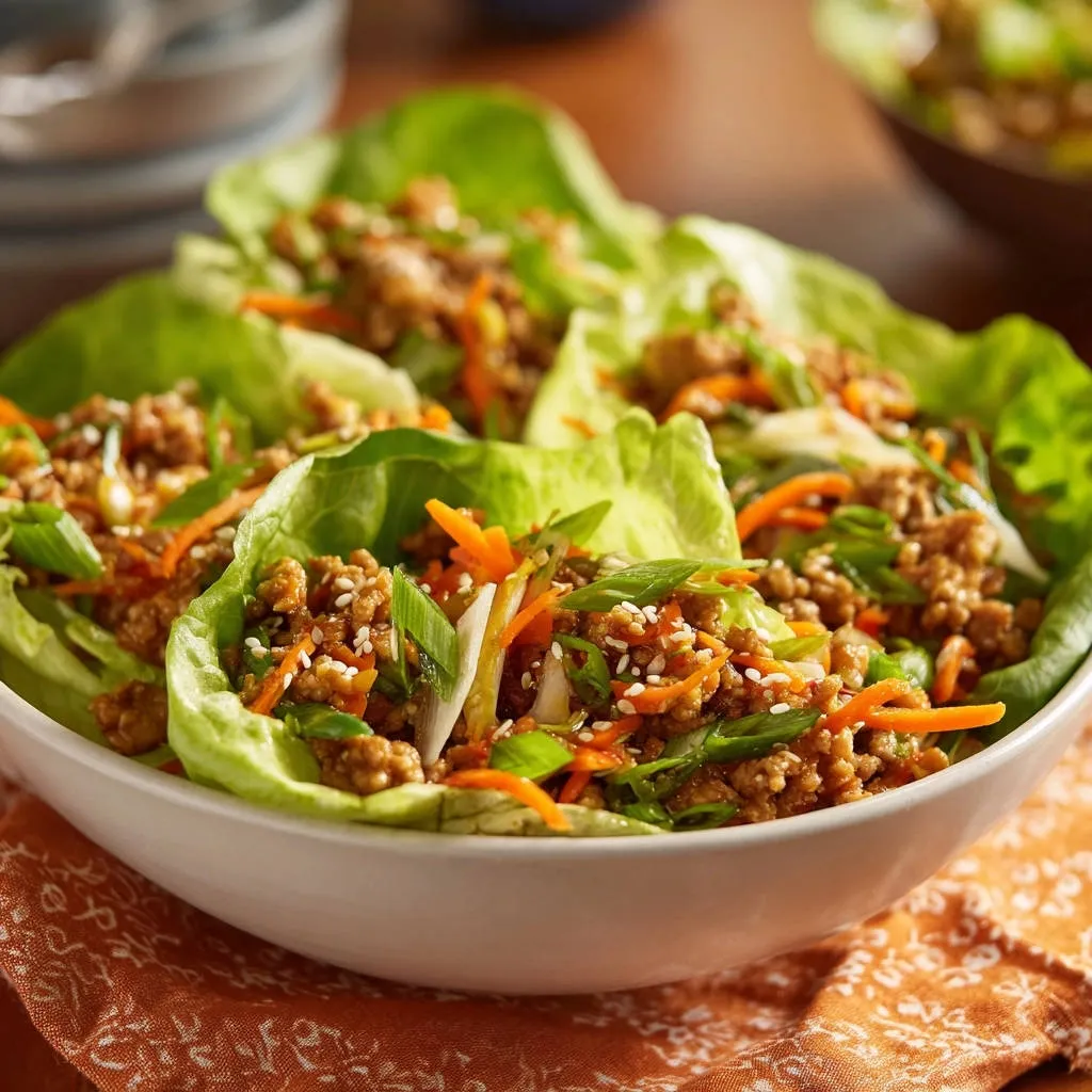 Chicken lettuce wraps are shown in a close-up view, highlighting the juicy filling and fresh ingredients.