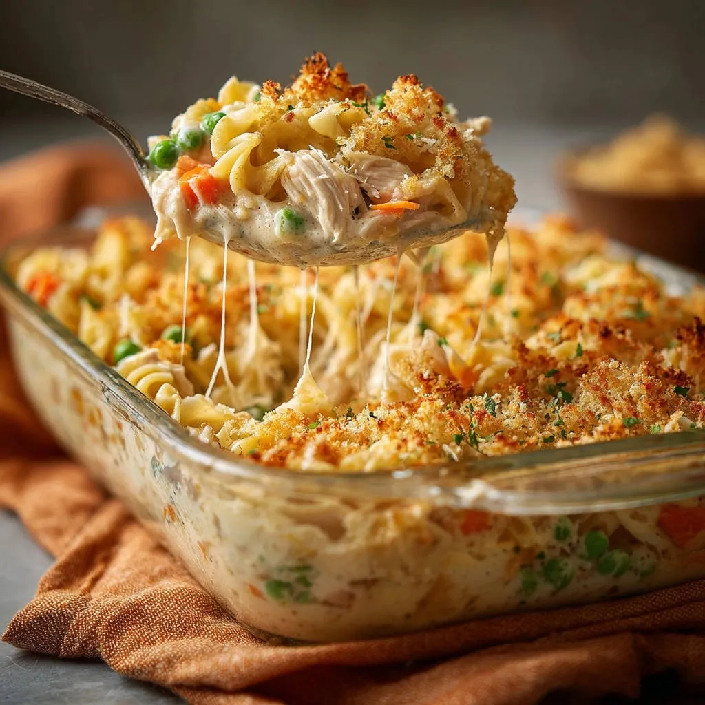 Ultimate Chicken Noodle Bake with gooey melted cheese strings being pulled from a spoonful.