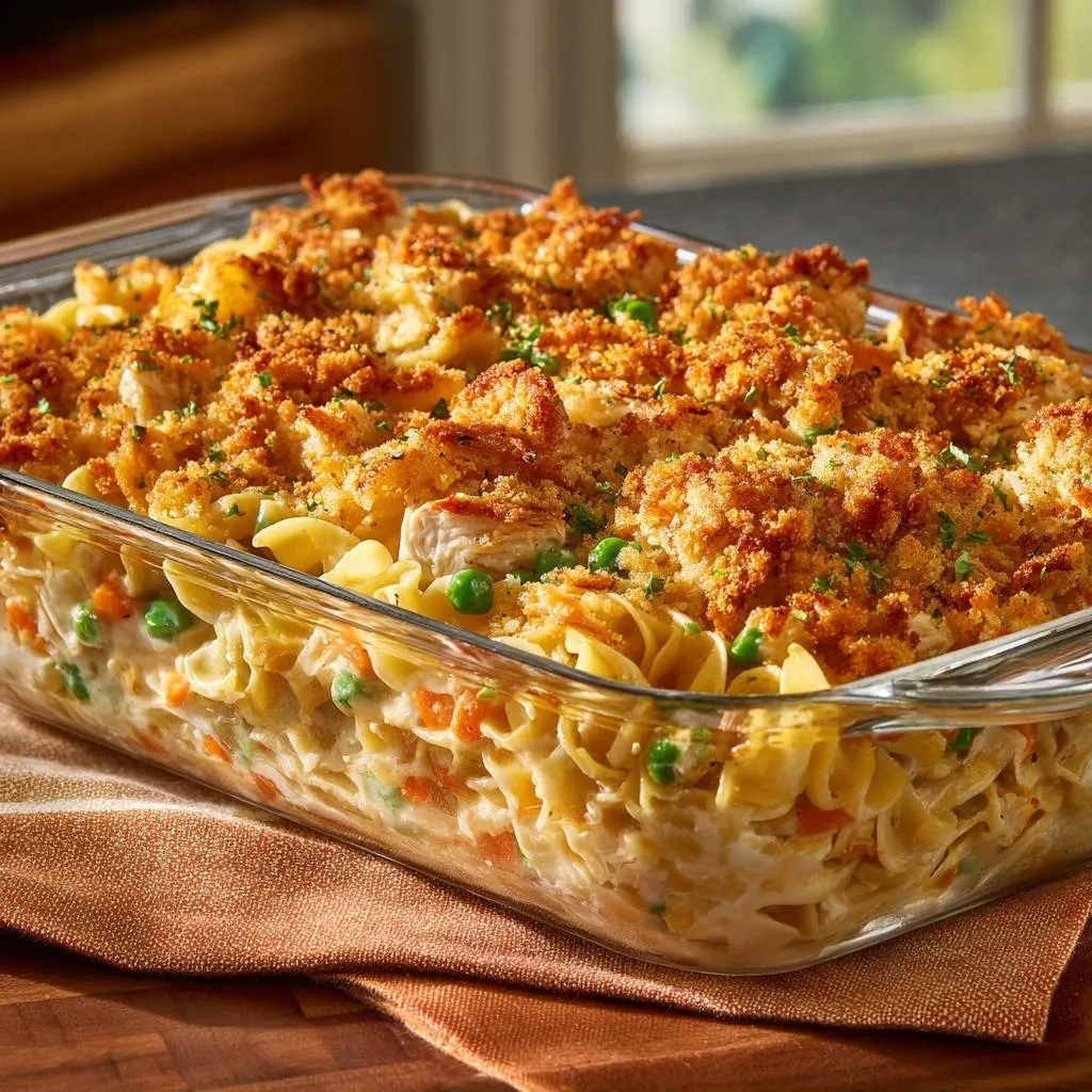 Classic Chicken Noodle Casserole with a golden brown, crispy breadcrumb topping and visible peas and carrots.