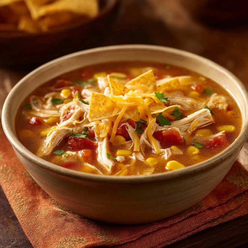 Easy chicken tortilla soup in a bowl, topped with shredded cheese, tortilla chips, and fresh cilantro.