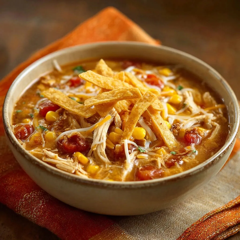 Easy Chicken Tortilla Soup shown in a bowl, generously garnished with crispy tortilla strips and shredded cheese.
