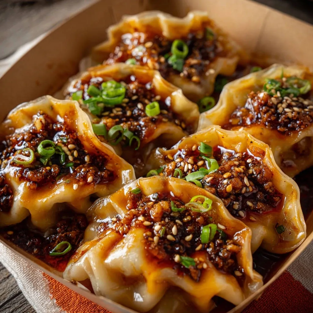 Chili garlic crunch dumplings shown in a close-up view, highlighting the glossy chili garlic sauce and fresh green onion garnish.