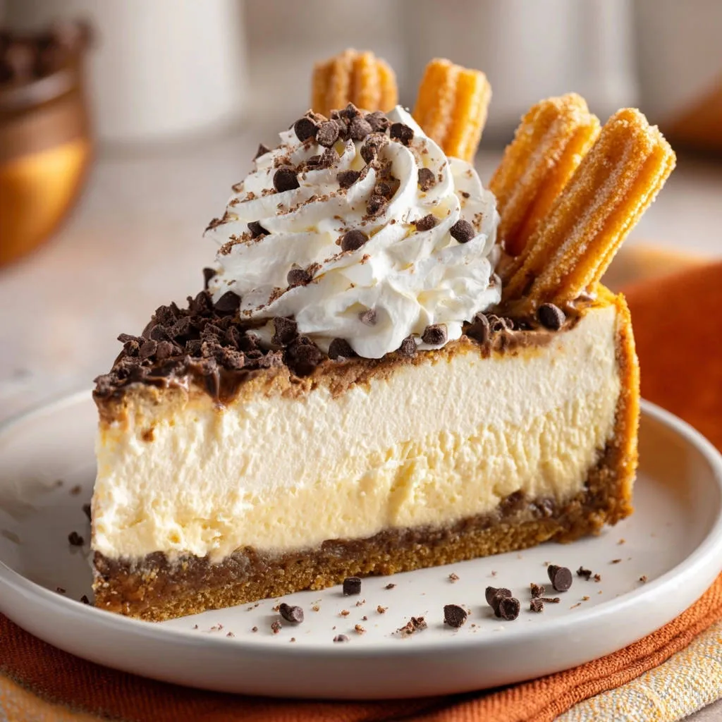 Chocolate Churro Cheesecake: a slice garnished with whipped cream, chocolate chips, and churro pieces on a white plate.