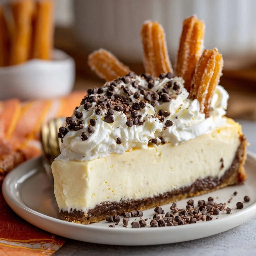 Chocolate Churro Cheesecake, a creamy slice plated with whipped cream, chocolate shavings, and churro garnish.