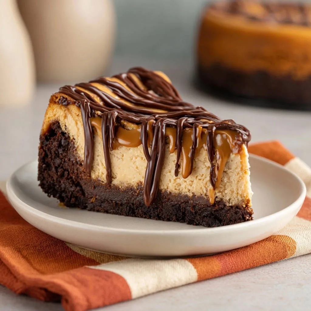 Chocolate peanut butter cheesecake, a slice served on a plate with chocolate drizzle and caramel.