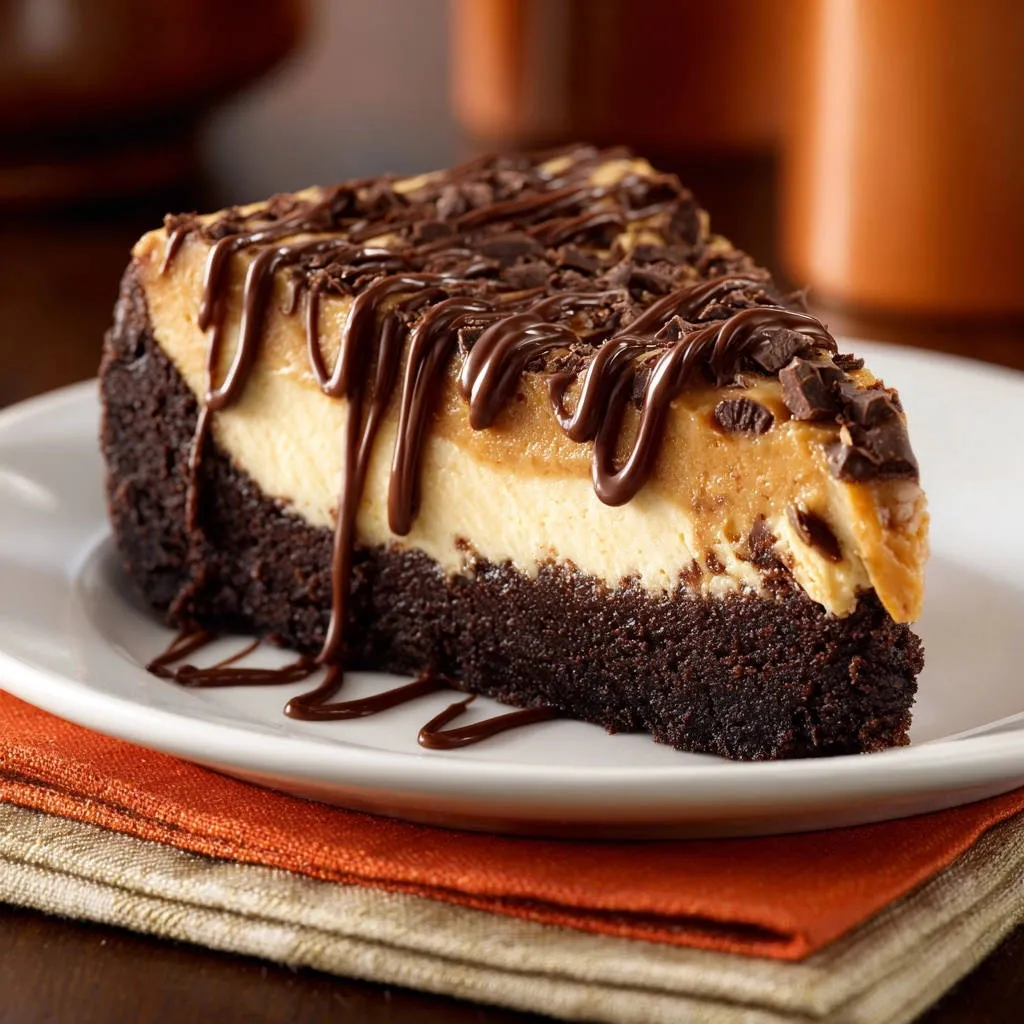Dreamy chocolate peanut butter cheesecake slice showing a rich cross-section of brownie, cheesecake, and peanut butter layers.