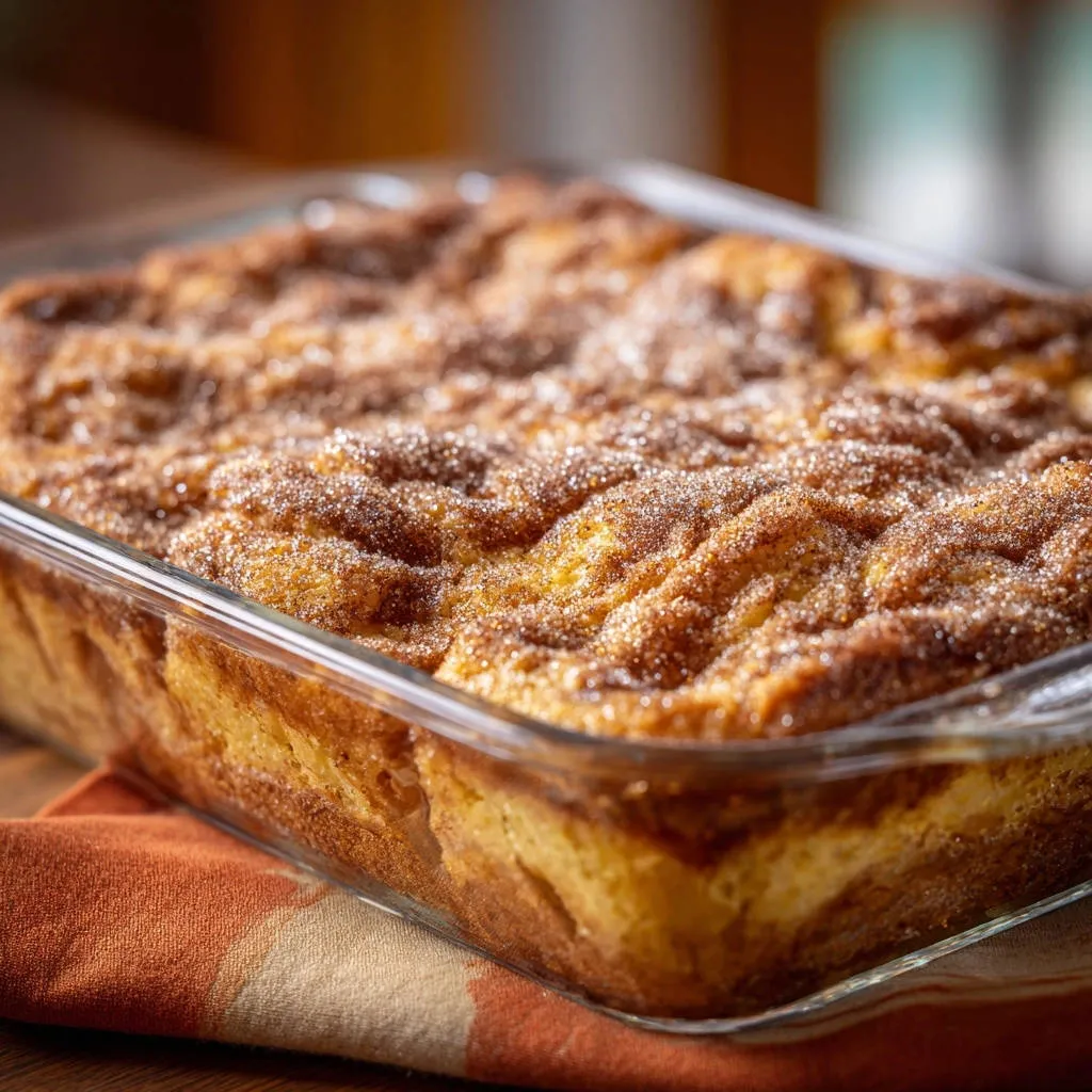 Cinnamon swirl breakfast bake with a glistening cinnamon-sugar topping in a glass baking dish.