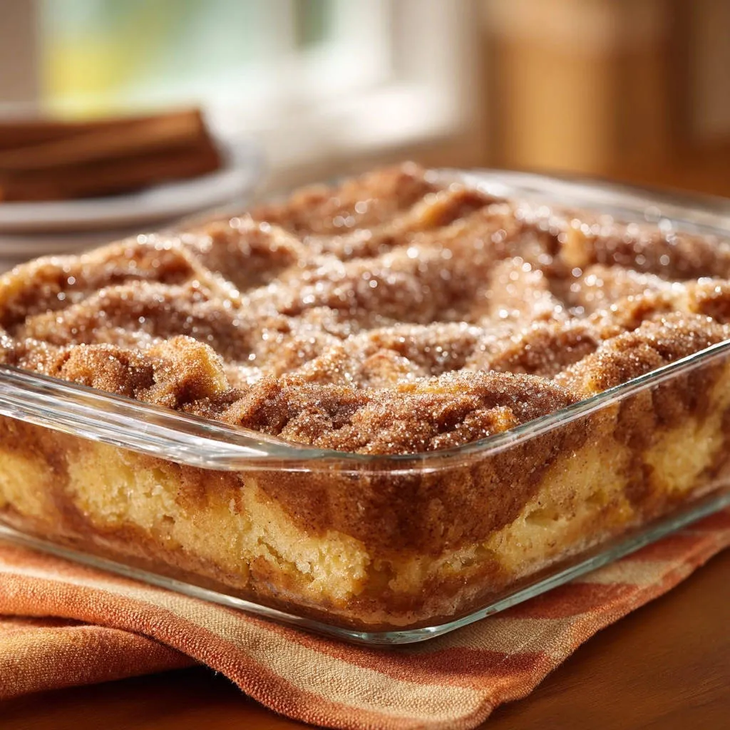 Cinnamon swirl breakfast bake in a glass dish, showing the moist, tender interior and cinnamon-sugar topping.