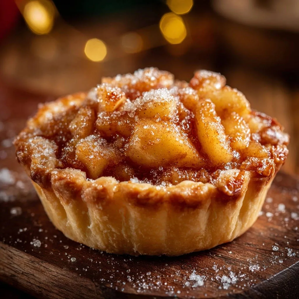 Classic apple tartlet with a glistening sugared topping, showcasing its golden-brown crust.