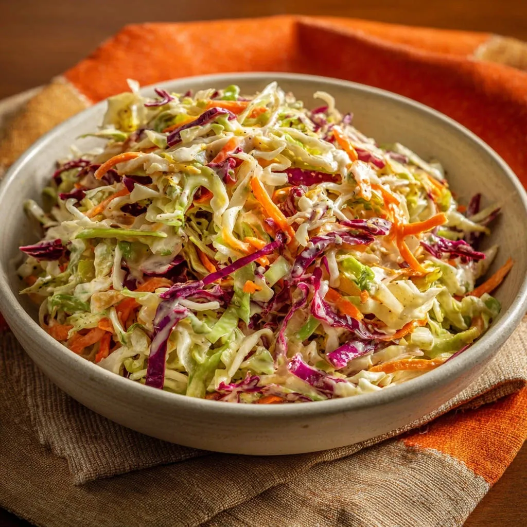 Crispy classic coleslaw in a bowl, showcasing the mixed shredded cabbage and carrots with a creamy dressing.