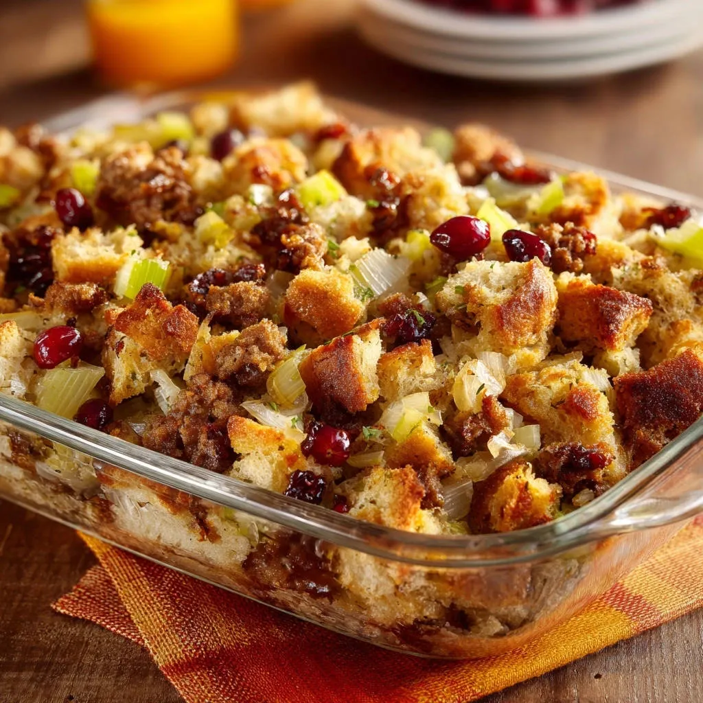 Classic cranberry stuffing with visible bread cubes, sausage, and cranberries, shown in a glass baking dish.
