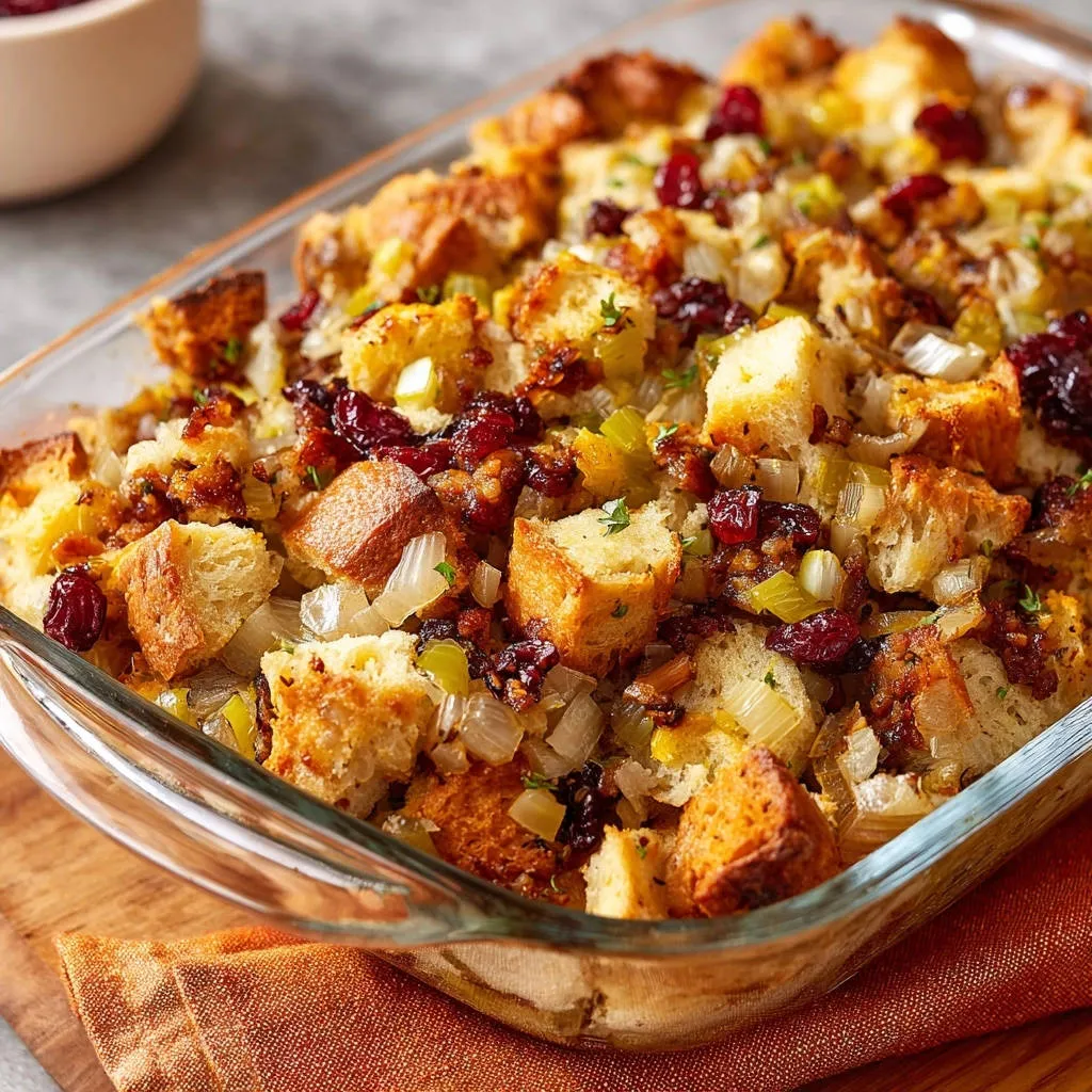 Classic cranberry stuffing baked in a glass dish, showcasing chunks of bread, celery, and cranberries.