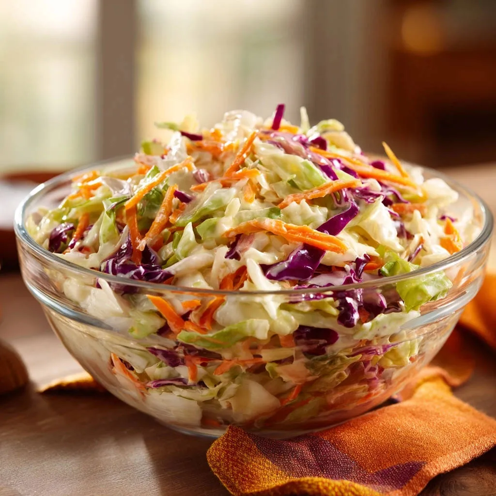 Classic creamy coleslaw in a glass bowl, showcasing shredded cabbage, carrots, and creamy dressing in a close-up view.