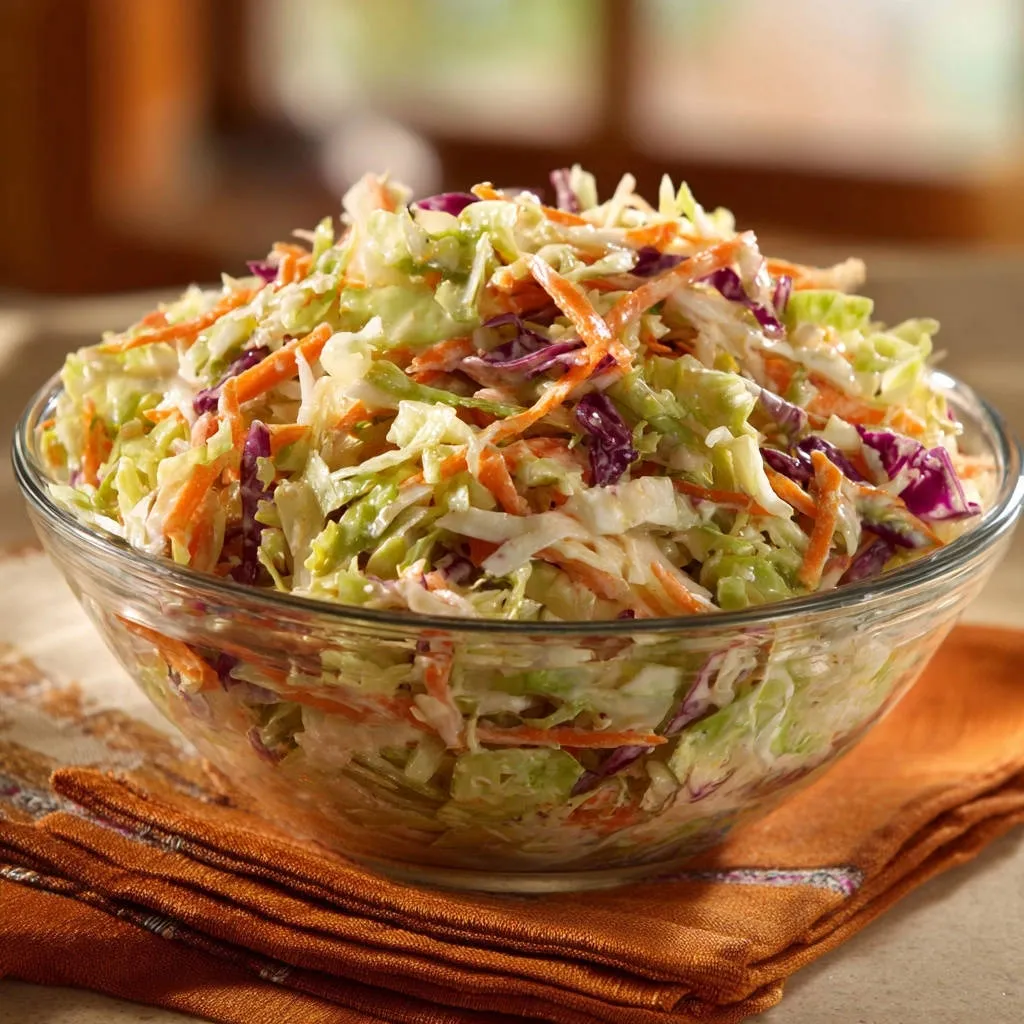 Classic creamy coleslaw in a clear glass bowl, showcasing its fresh ingredients and creamy dressing from a side angle.