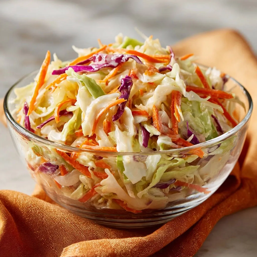 Classic creamy coleslaw in a clear glass bowl, showing the mixture of shredded cabbage and carrots with a creamy dressing.