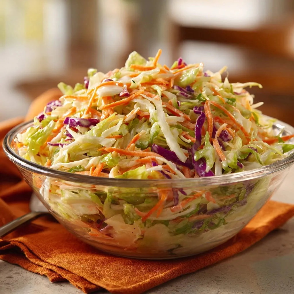 Classic creamy coleslaw in a glass bowl, showcasing shredded cabbage and carrots with a creamy dressing, on an orange napkin.