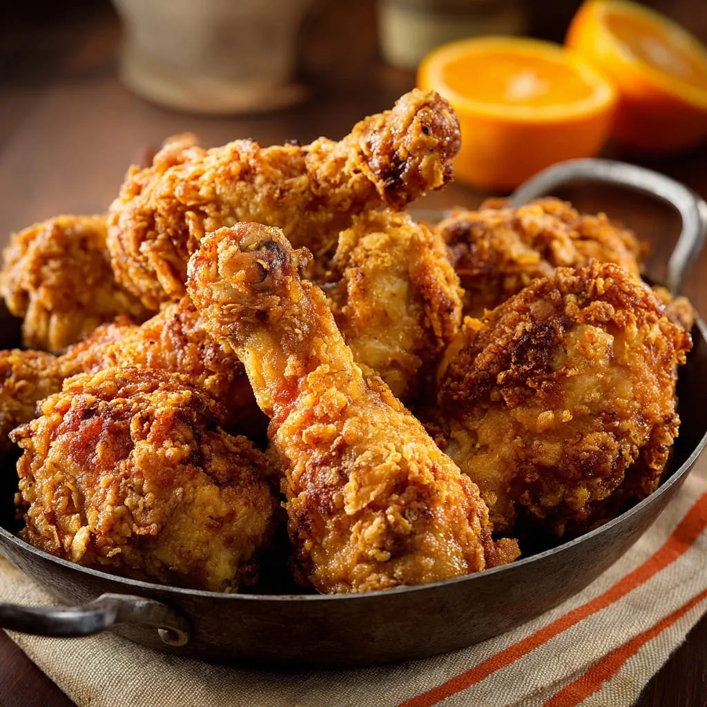 Classic crispy fried chicken served in a rustic bowl, highlighting the golden-brown, textured coating up close.