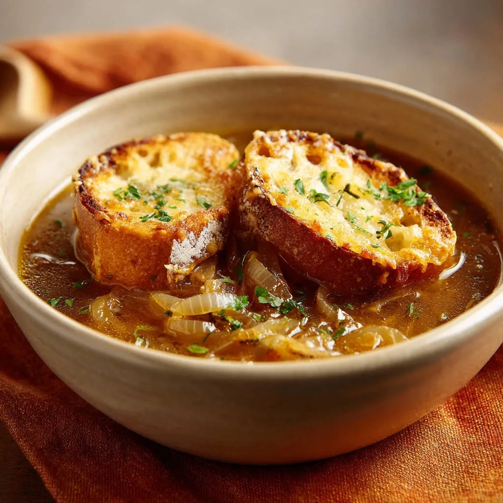 Classic French onion soup featuring two toasted, cheese-covered croutons floating on top.