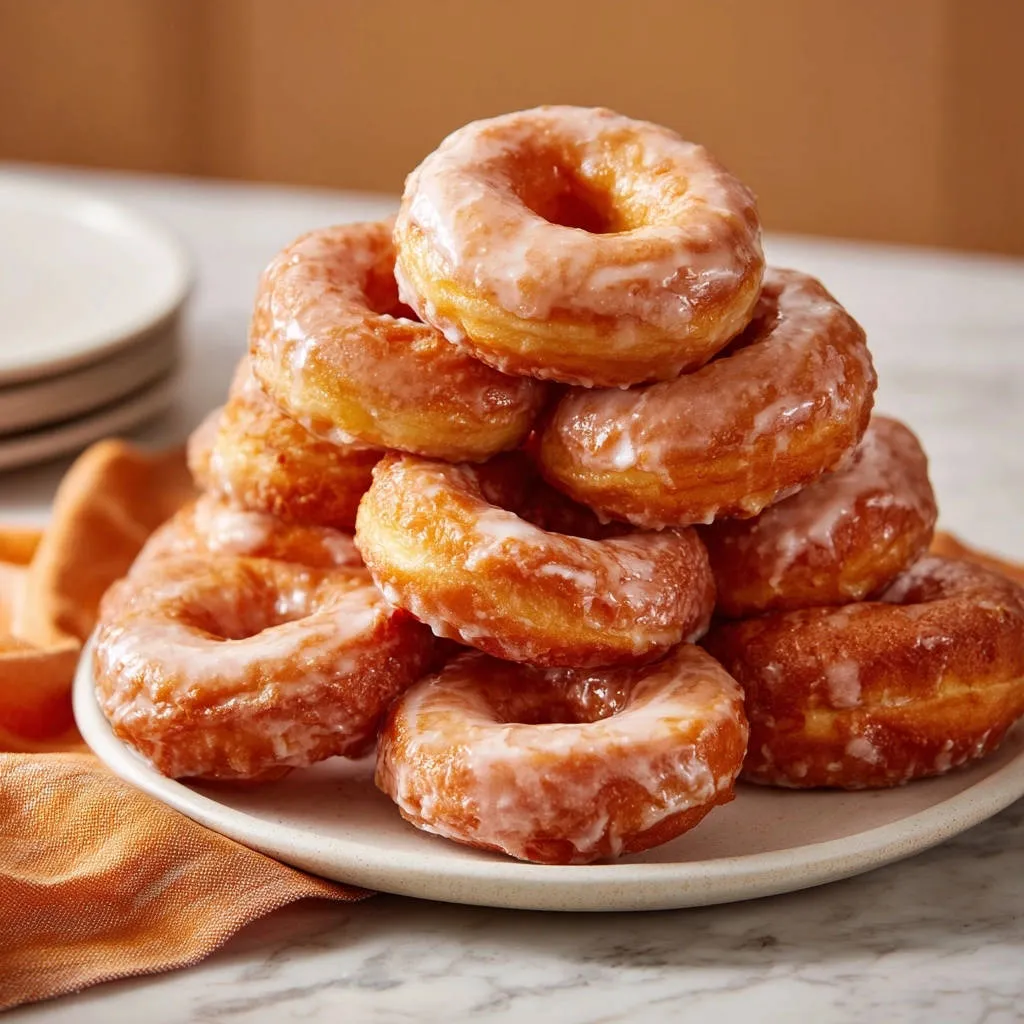 Classic glazed donuts stacked high on a white plate, showcasing their glossy sugary coating and fluffy texture.