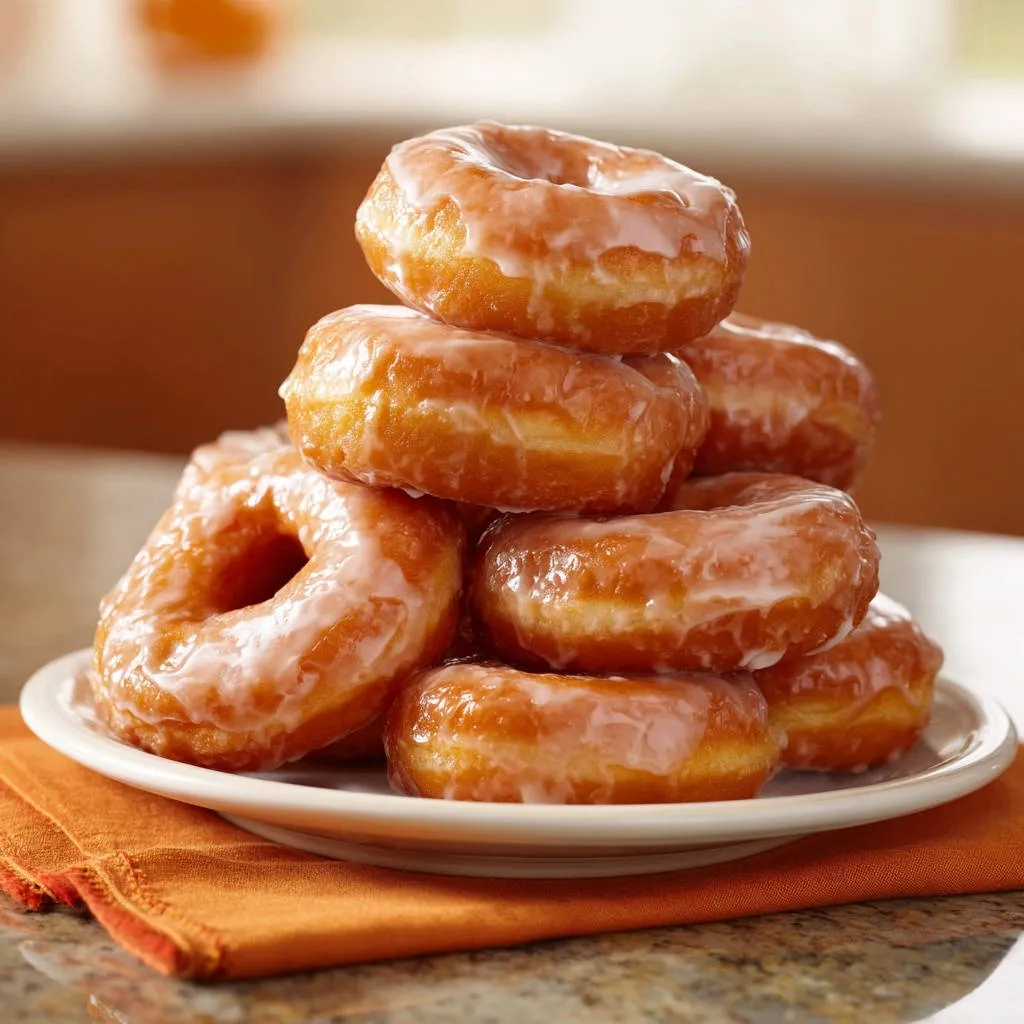 Classic glazed donuts achieve bakery-style fluffiness in this image, stacked high on a white plate with an orange napkin.
