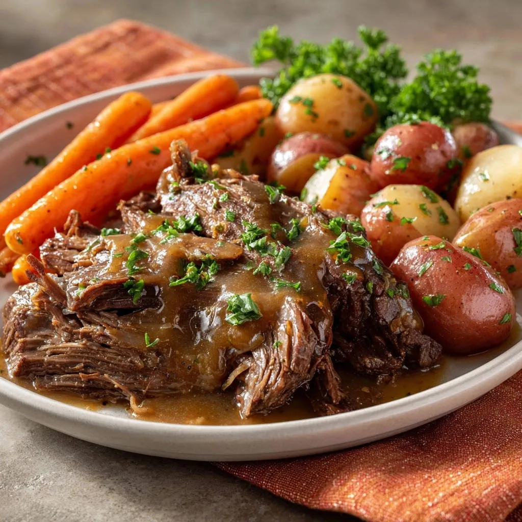 Classic pot roast served on a plate with tender carrots and roasted potatoes, garnished with fresh parsley.