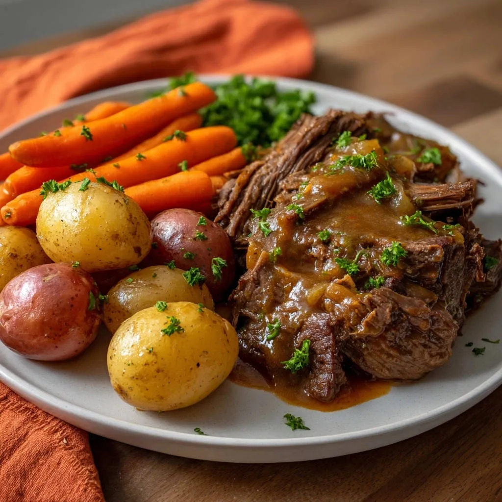 Classic pot roast served with roasted carrots and potatoes, garnished with fresh parsley on a white plate.