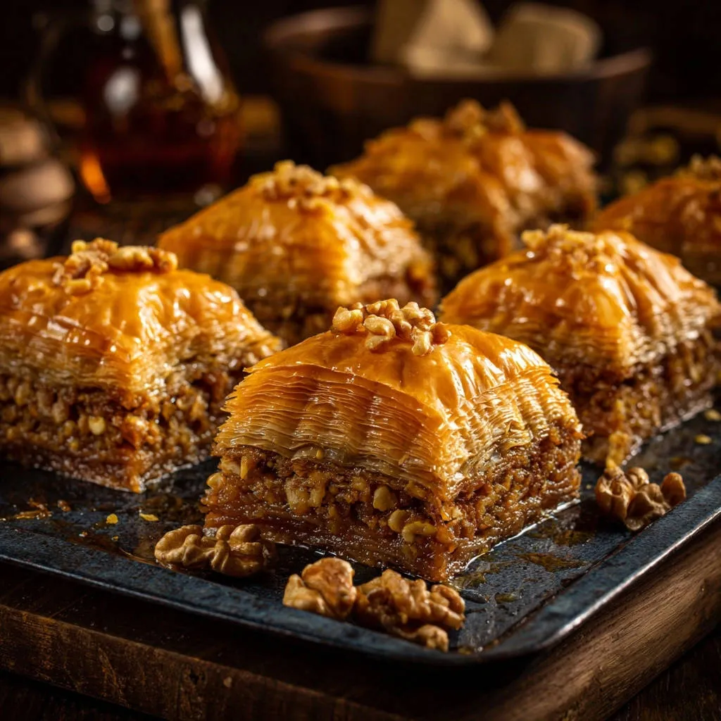 Classic walnut baklava with a glistening honey glaze and chopped walnuts, presented in a close-up view.