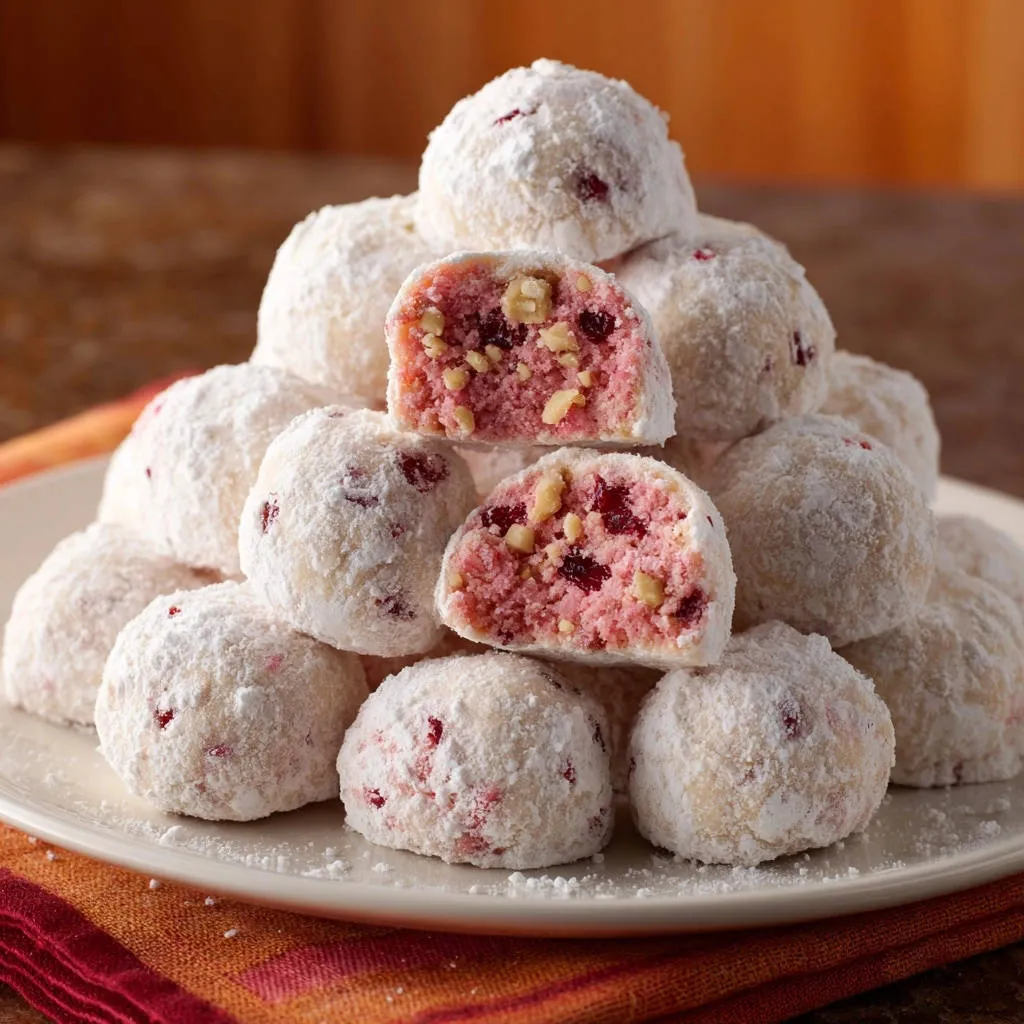 Cranberry Pecan Snowballs showing a close-up cross-section revealing the tender interior with nuts and cranberries.