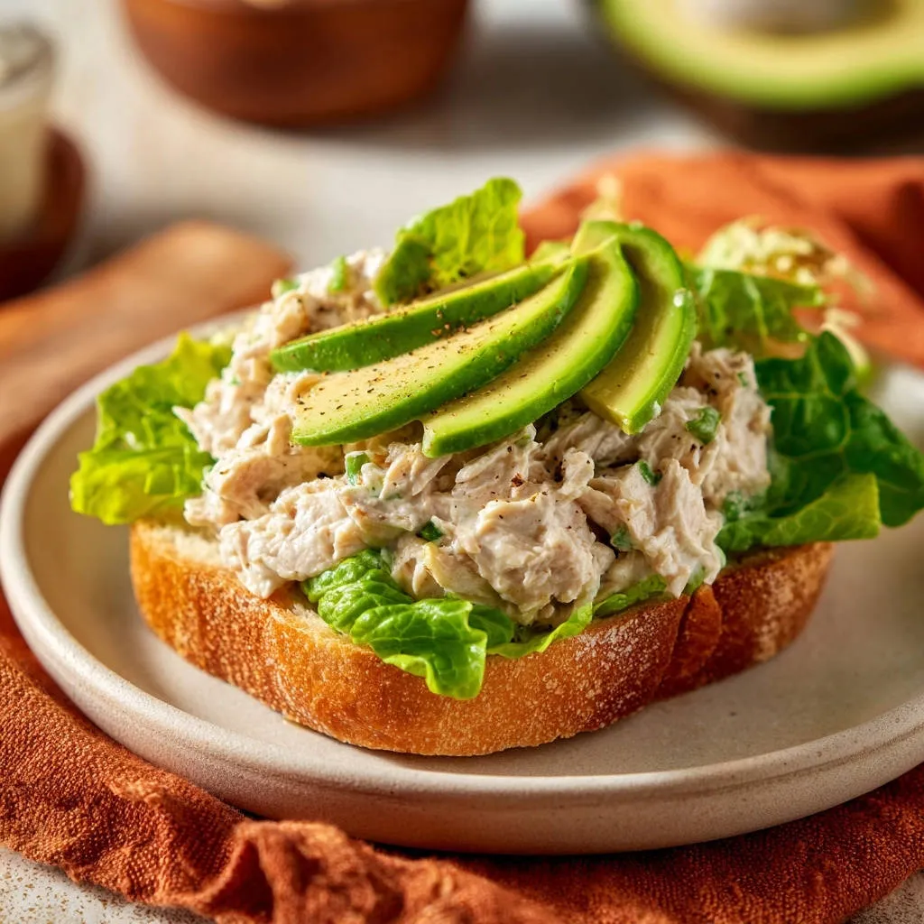 Creamy avocado chicken salad toast served open-faced on toasted bread with lettuce and fresh avocado slices.