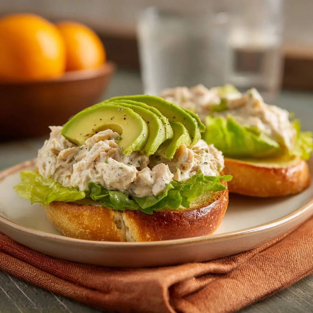 Creamy avocado chicken salad toast served open-faced on a plate with lettuce and sliced avocado topping.