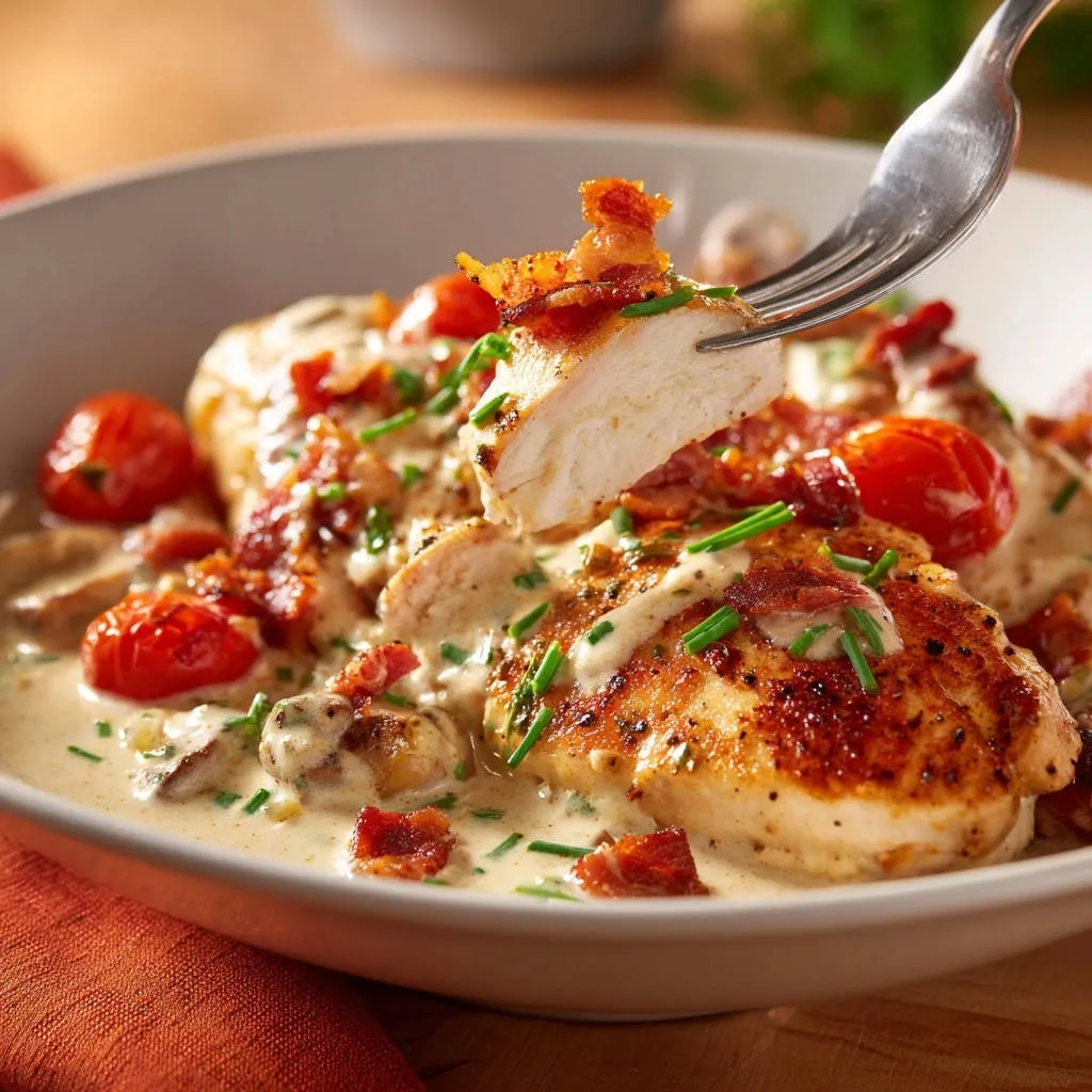 Creamy bacon tomato chicken with a fork lifting a juicy cross-section of chicken.