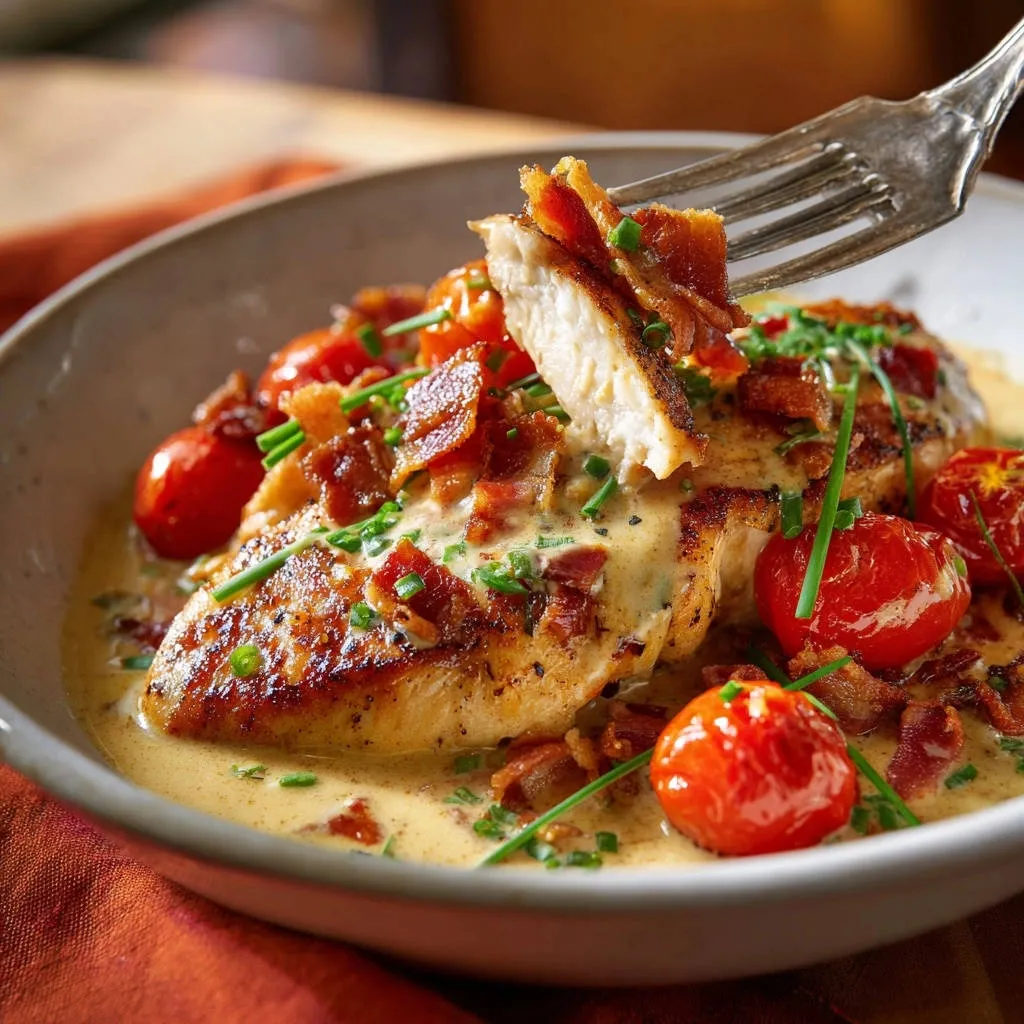 Creamy bacon tomato chicken with a fork lifting a juicy bite, showing the tender interior and crispy bacon topping.