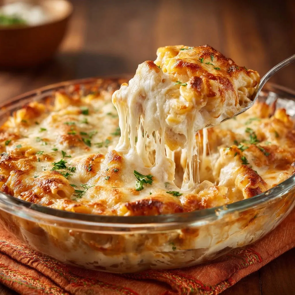 Creamy baked mac and cheese with a generous cheese pull being lifted from the dish with a spoon.