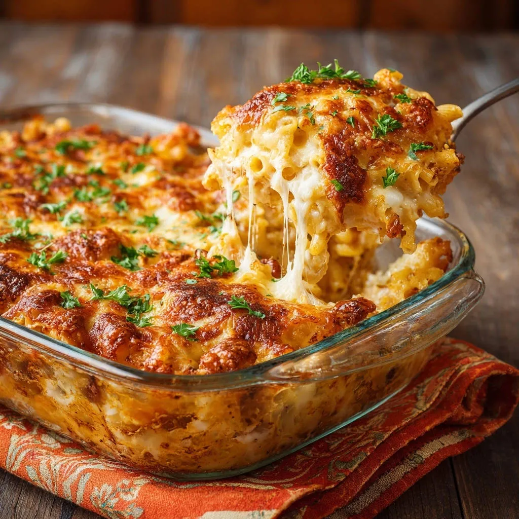 Creamy baked mac and cheese with a spoonful showing a generous cheese pull, garnished with parsley.