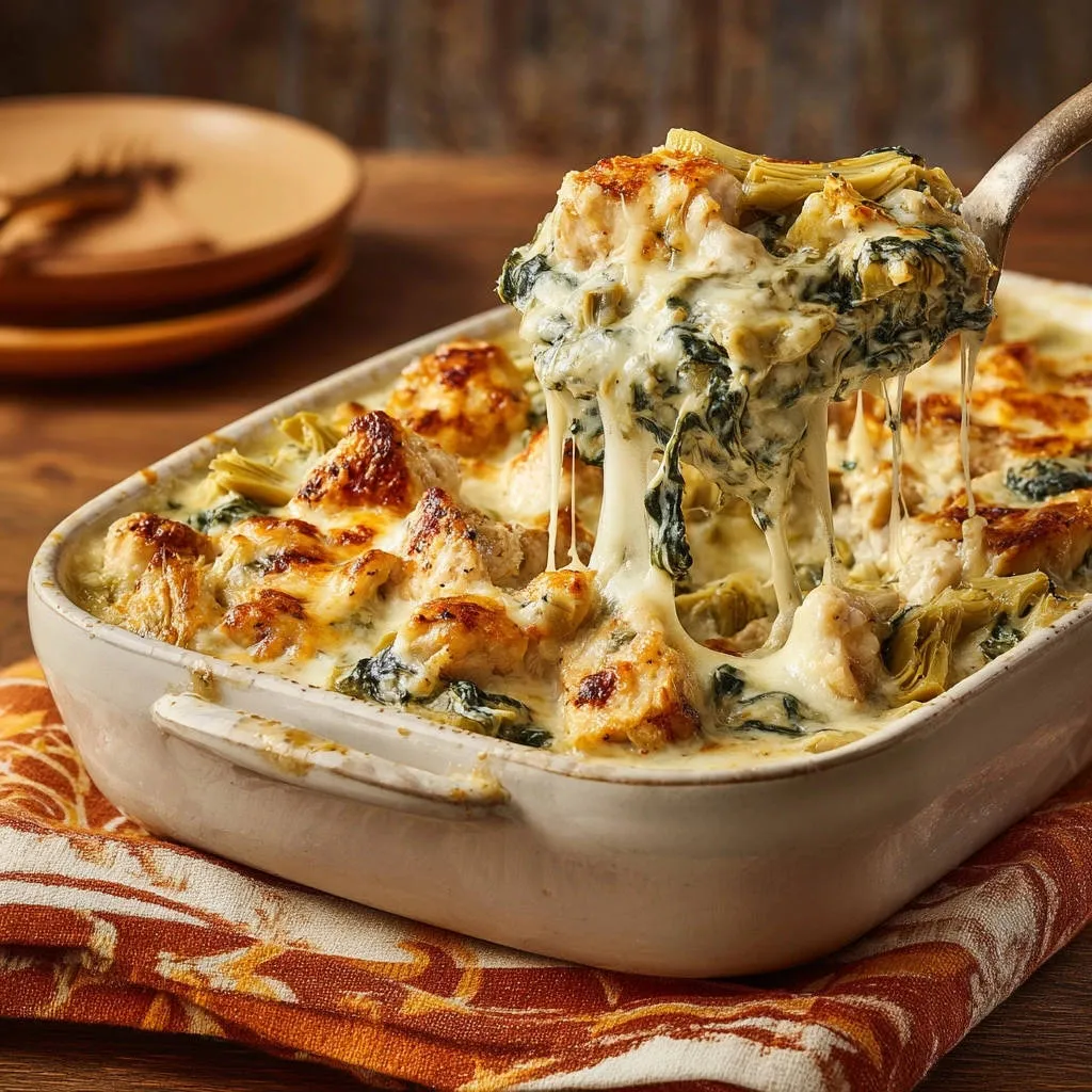 Creamy chicken artichoke bake with a serving spoon lifting a scoop full of melted cheese and spinach.